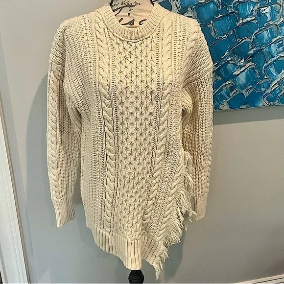 J.Crew Cable Knit Sweater with Side Slit Fringe Detail in Ivory - Picture 7 of 16